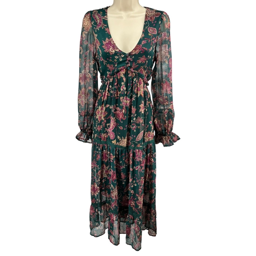 Band of the Free Pine Berry Paisley Floral Ruffle Midi Dress Long Sleeve S NWT‎
